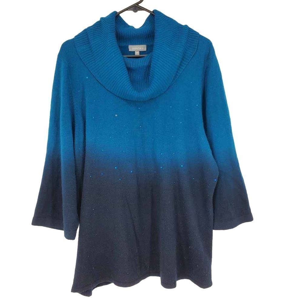 Essentials Varigated Blue Cowl Neck Embellished 3/4 Sleeve Sweater Size 2X